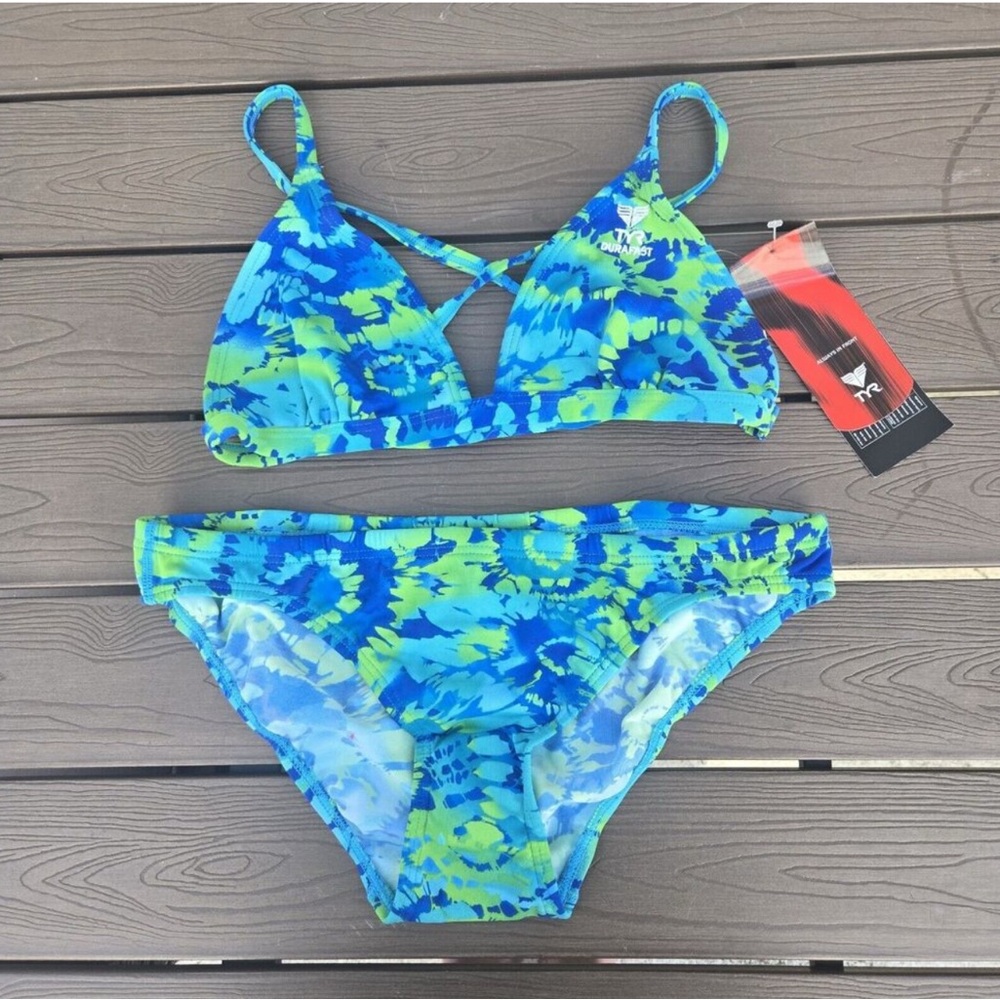 TYR Durafast Women's Groovy  Blue Triangle Top Workout Bikini Set Sz L 38 NEW